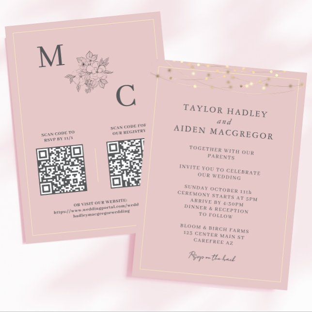 Invitación Boda elegante con código QR rosa rubor (Subido por el creador)