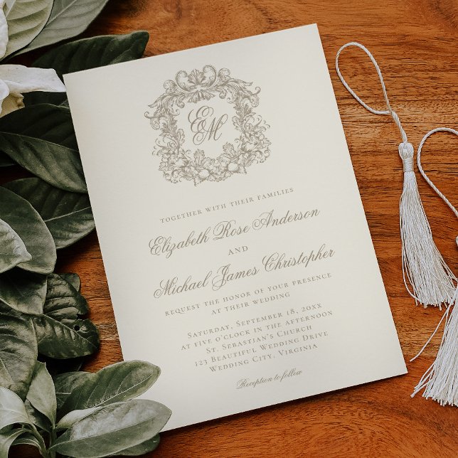 Invitación Boda elegante con cresta de monograma de marfil (Subido por el creador)