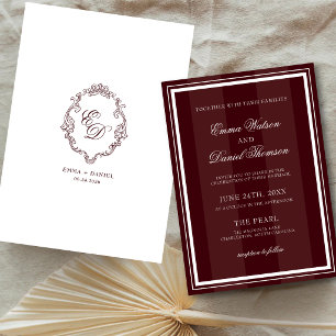 Invitación Boda Elegante con Cresta de Monograma en Rojo Borg