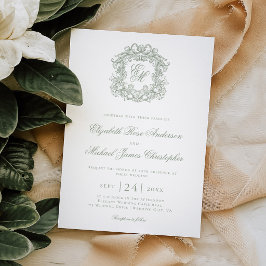 Invitación Boda Elegante con Cresta de Monograma en Verde Sal