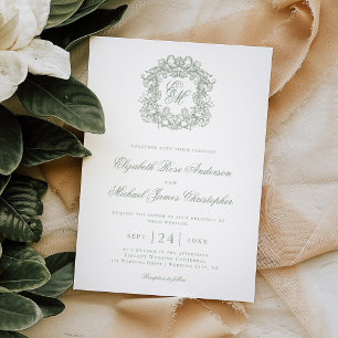 Invitación Boda Elegante con Cresta de Monograma en Verde Sal
