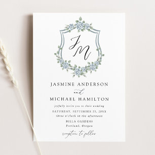 Invitación Boda elegante con cresta floral azul polvoriento