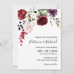 Invitación Boda elegante con estampado floral en burgundy con