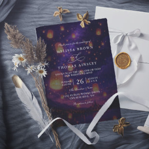 Invitación Boda elegante con faroles enredados y código QR ec