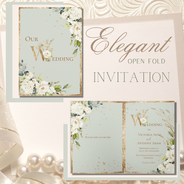 Invitación Boda elegante con flor blanca de oro verde (Subido por el creador)