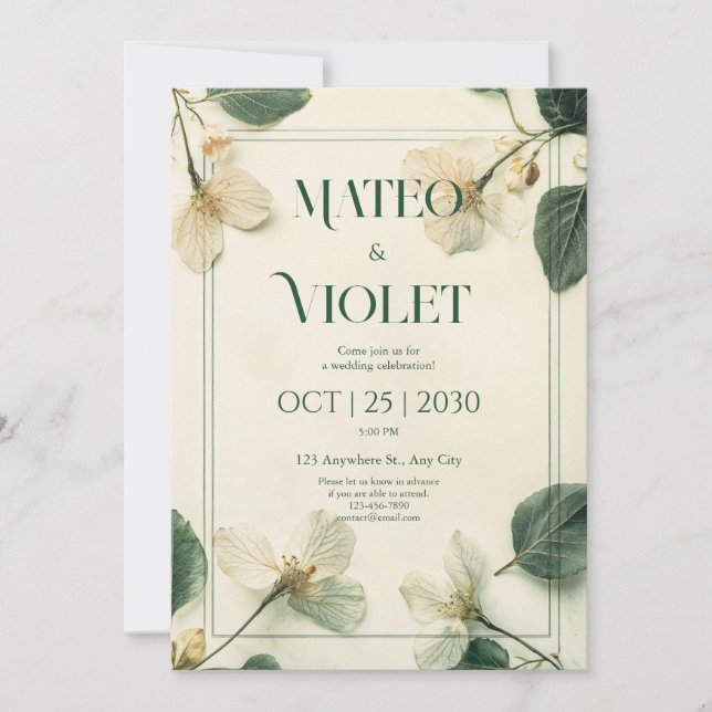 Invitación Boda Elegante con Flor de Blossom Blanca Botánica  (Anverso)