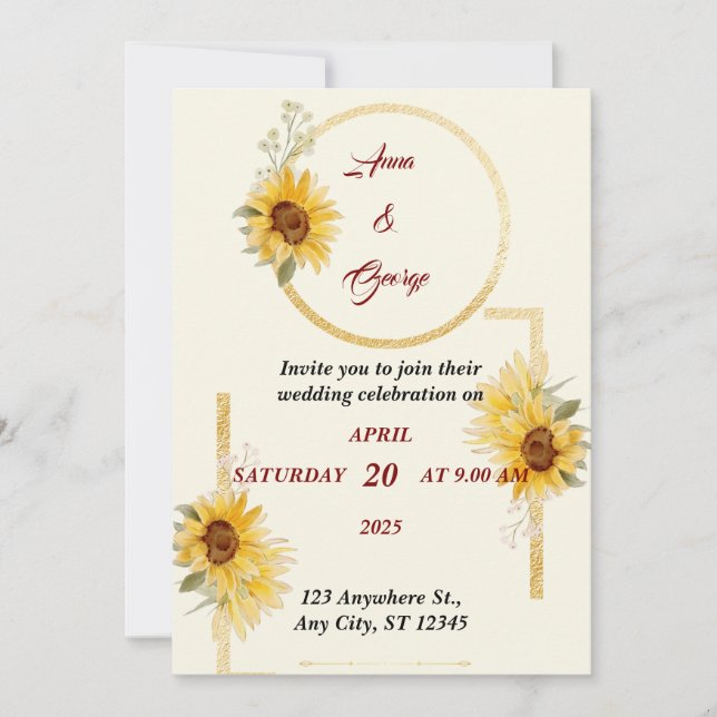 Invitación Boda elegante con flor de girasol amarillo (Anverso)