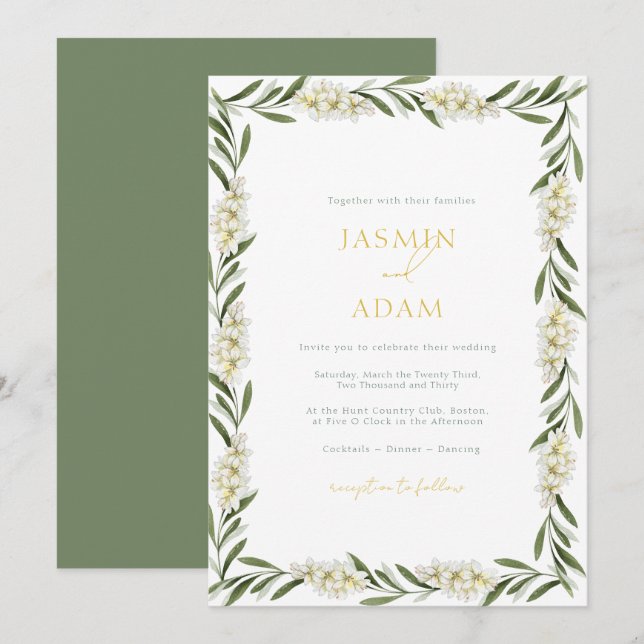 Invitación Boda elegante con flores blancas y vegetación (Anverso / Reverso)