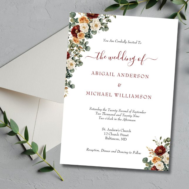 Invitación Boda elegante con flores de arbusto de borgoña (Burgundy Rust Cream Floral Elegant Wedding Invitation)