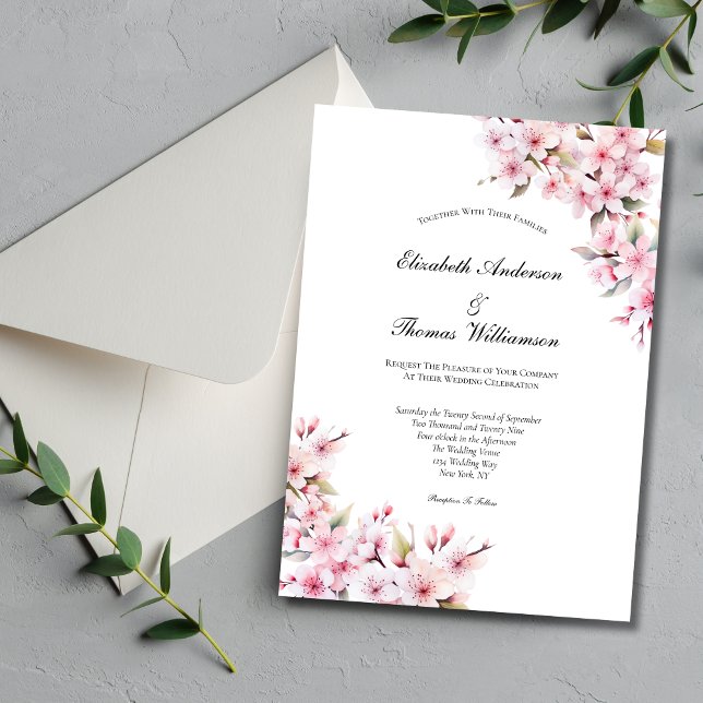 Invitación Boda elegante con flores de cerezo rosa Sakura (Pink Sakura Cherry Blossom Floral Watercolor Elegant Wedding Invitation)