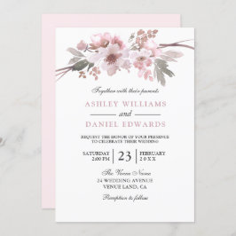 Invitación Boda elegante con flores de color rosa y gris blan