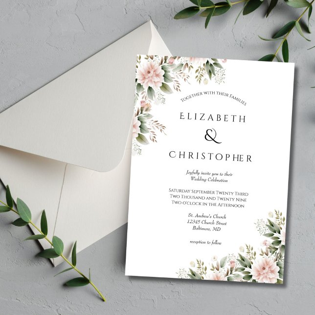 Invitación Boda elegante con flores de vegetación rosa de Rub (Blush pink and greenery watercolor floral wedding invitation)