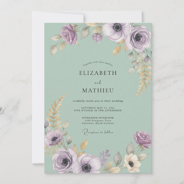 Invitación Boda Elegante con Flores en Verde Salvia (Anverso)