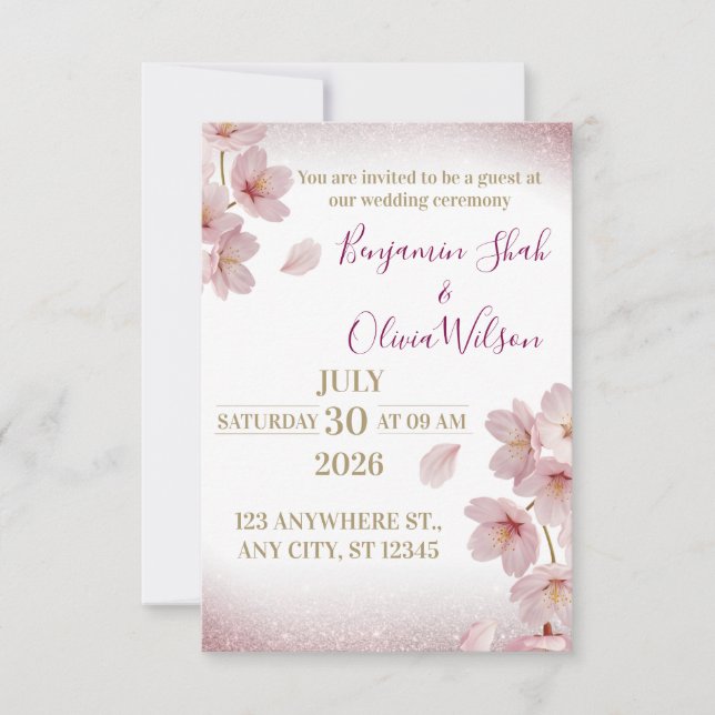 Invitación Boda Elegante con Glitter de Flor de Cerezo Rosa (Anverso)