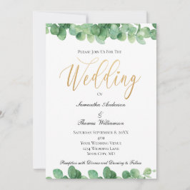 Invitación Boda elegante con guión de oro verde de eucalipto