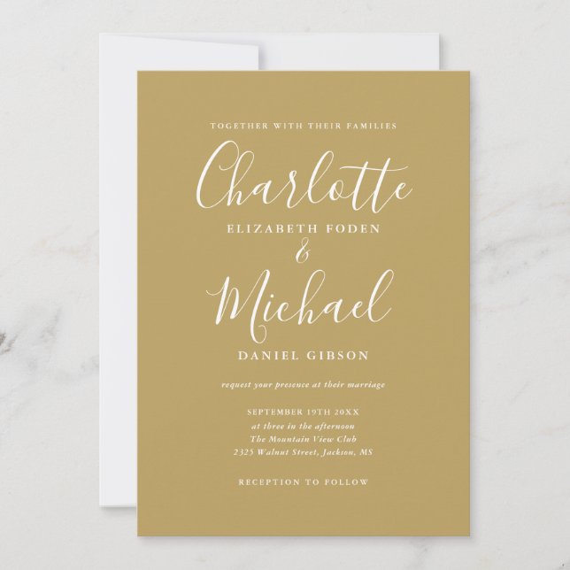 Invitación Boda elegante con guión moderno en oro (Anverso)