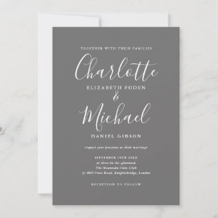 Invitación Boda elegante con guión simple gris y blanco