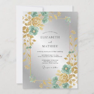 Invitación Boda elegante con hojas doradas y menta