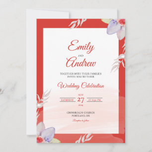 Invitación Boda Elegante con Hojas y Flores en Acuarela con B
