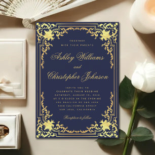 Invitación Boda Elegante con Letra Script Dorada Falsa Azul M