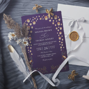 Invitación Boda elegante con linternas enredadas y código QR 