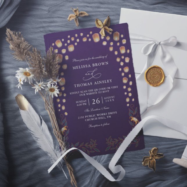 Invitación Boda elegante con linternas enredadas y código QR  (Subido por el creador)