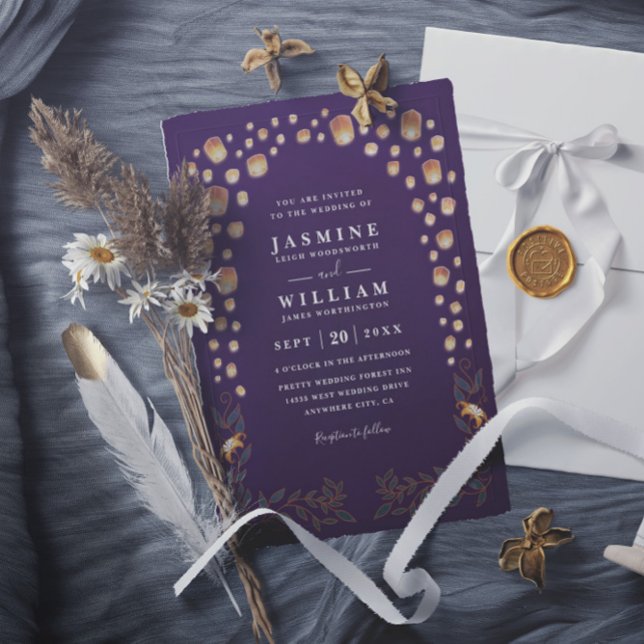 Invitación Boda elegante con linternas enredadas y código QR  (Subido por el creador)