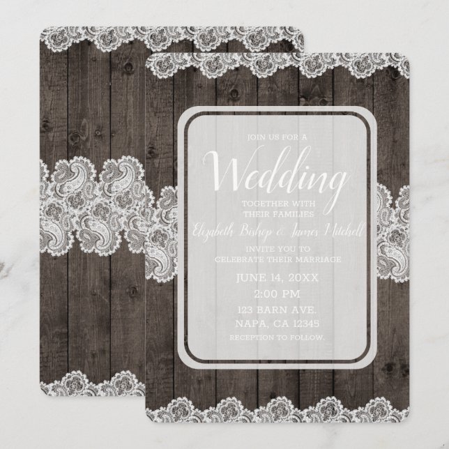 Invitación Boda elegante con madera oscura rústica y encaje (Anverso / Reverso)