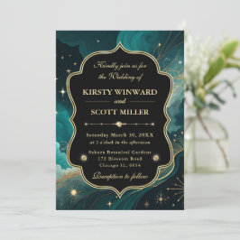 Invitación Boda elegante con mármol dorado verde azulado y br
