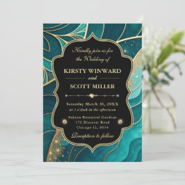 Invitación Boda elegante con mármol dorado verde azulado y br