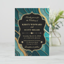 Invitación Boda elegante con mármol dorado y brillo teal