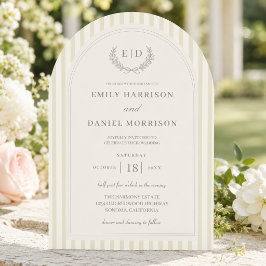 Invitación Boda elegante con monograma a rayas en verde salvi