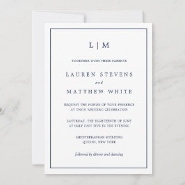 Invitación Boda elegante con monograma azul marino simple