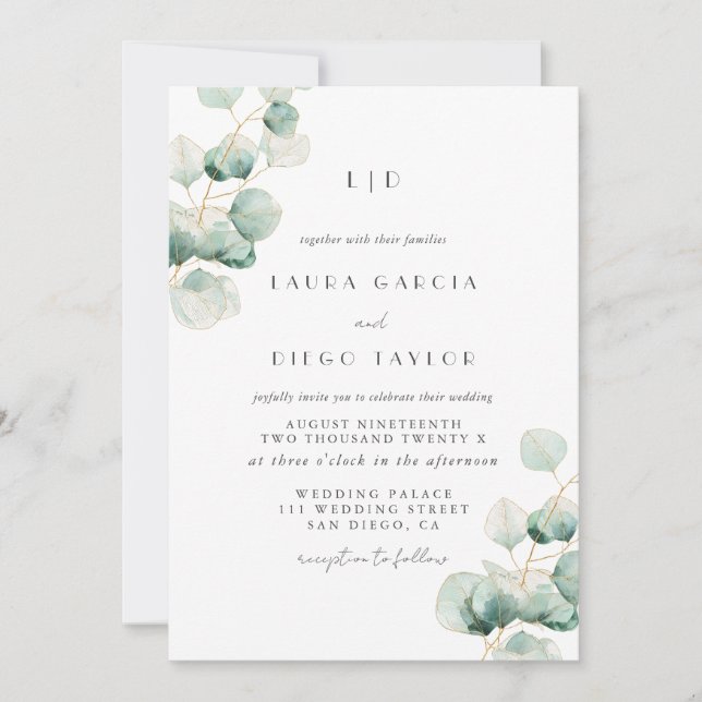 Invitación Boda elegante con monograma de eucalipto (Anverso)