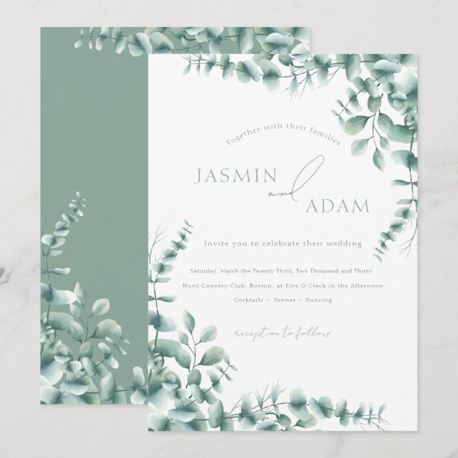 Invitación Boda elegante con monograma de eucalipto en verde  (Anverso / Reverso)