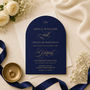 Invitación Boda elegante con monograma dorado y azul cobalto