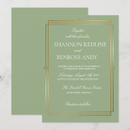 Invitación Boda elegante con monograma en verde salvia y dora