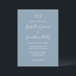 Invitación Boda elegante con monograma moderno en azul polvor<br><div class="desc">Esta invitación de boda presenta las iniciales de la pareja como un monograma en la parte superior, sus nombres en letra cursiva fluida y todos los detalles de la boda en letra blanca limpia sobre un fondo suave azul polvoriento. Simple, romántico y atemporal: una excelente opción para una boda en...</div>