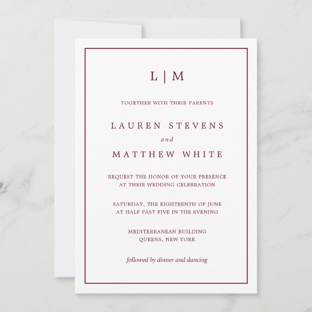 Invitación Boda elegante con monograma simple de Borgoña (Anverso)