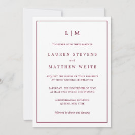 Invitación Boda elegante con monograma simple de Borgoña