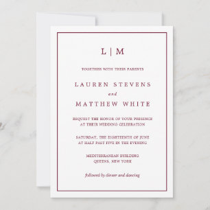 Invitación Boda elegante con monograma simple de Borgoña