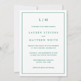 Invitación Boda elegante con monograma verde esmeralda simple