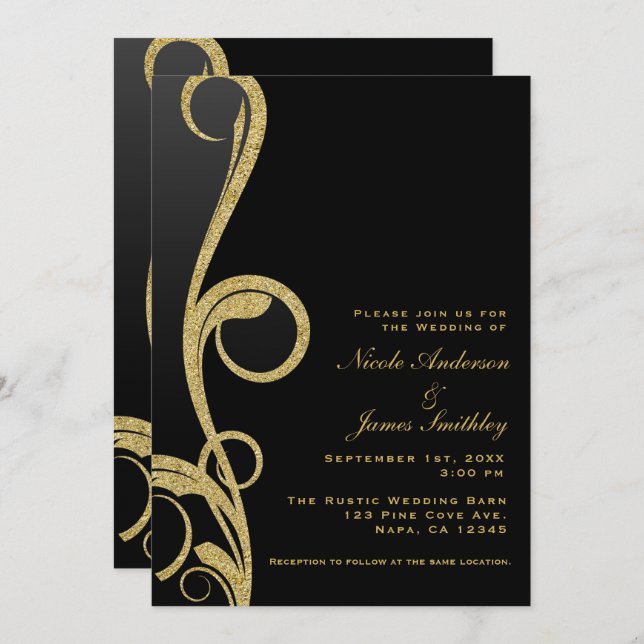 Invitación Boda elegante con remolino moderno de oro y negro (Anverso / Reverso)