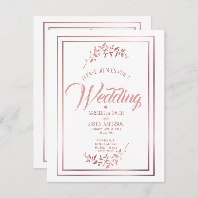 Invitación Boda elegante con Rosa floral blanco con guión dor (Anverso / Reverso)