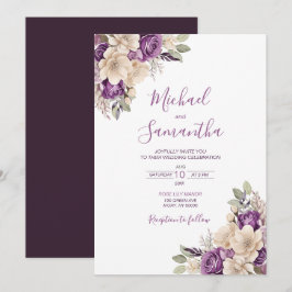Invitación Boda elegante con rosas púrpura y marfil