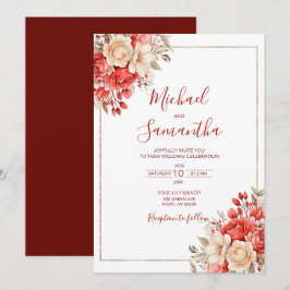 Invitación Boda elegante con rosas rojas y marfil