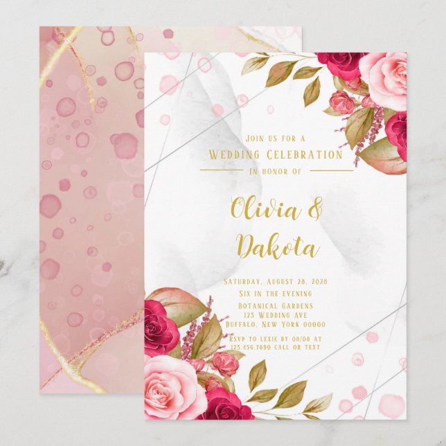 Invitación Boda elegante con tinta de alcohol geométrica rosa (Anverso / Reverso)