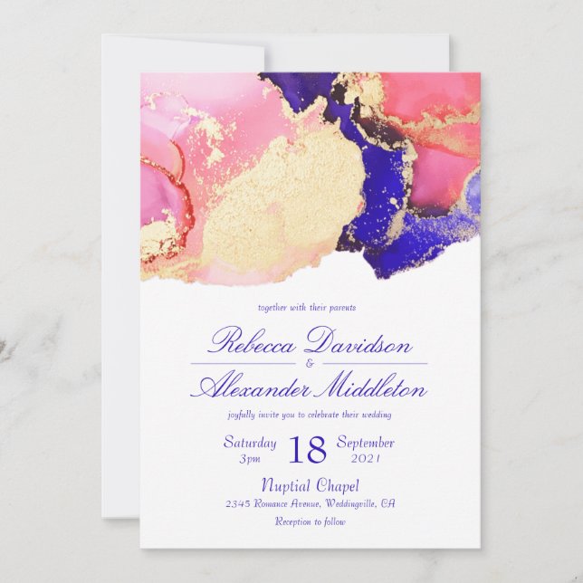 Invitación Boda elegante con tinta lavada dorada, rosa y púrp (Anverso)