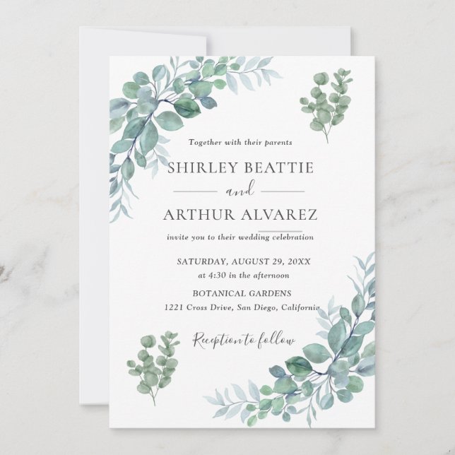 Invitación Boda elegante con vegetación de eucalipto (Anverso)