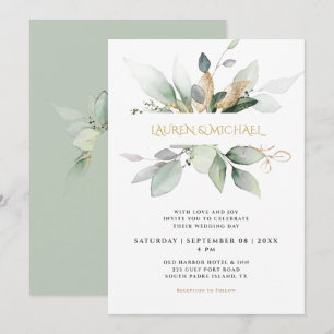 Invitación Boda elegante con vegetación y eucalipto dorado